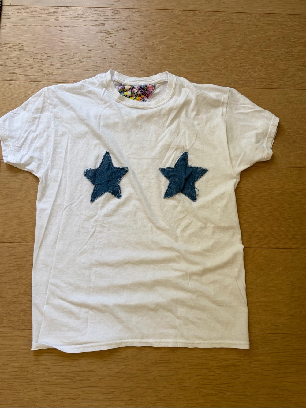 White Tee with Blue Star Appliqués